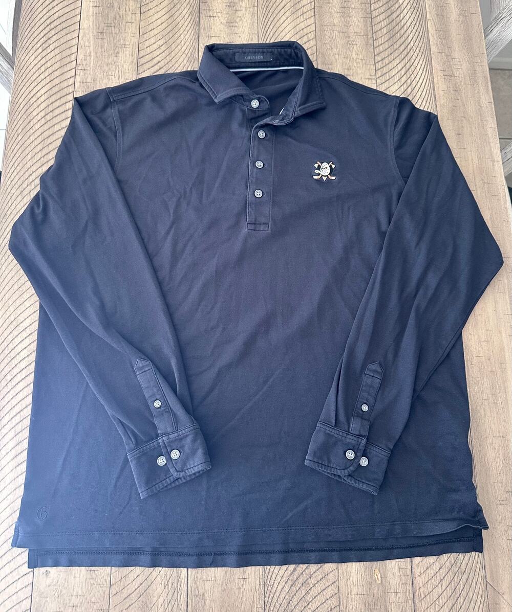 Greyson Mens Large Long Sleeve Golf Polo Shirt Anaheim Ducks Logo Black Stretch